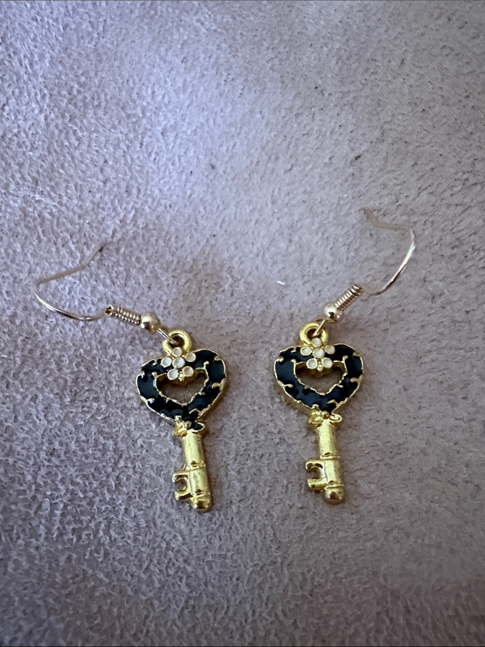 Gold Heart Key Drop Earrings with Black Enamel